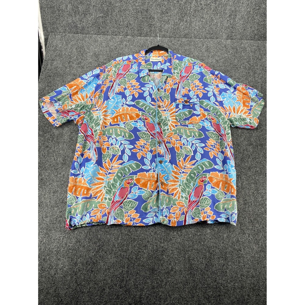 Caribbean Parrot Palm Print Aloha Shirt Mens XXL Blue Tropical Short Sleeve Camp